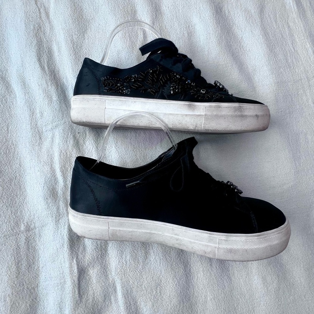 ZARA Black Satin Beaded Embellished Sneakers Trainers Lace Up Shoe Women’s 39‎ - Picture 7 of 15